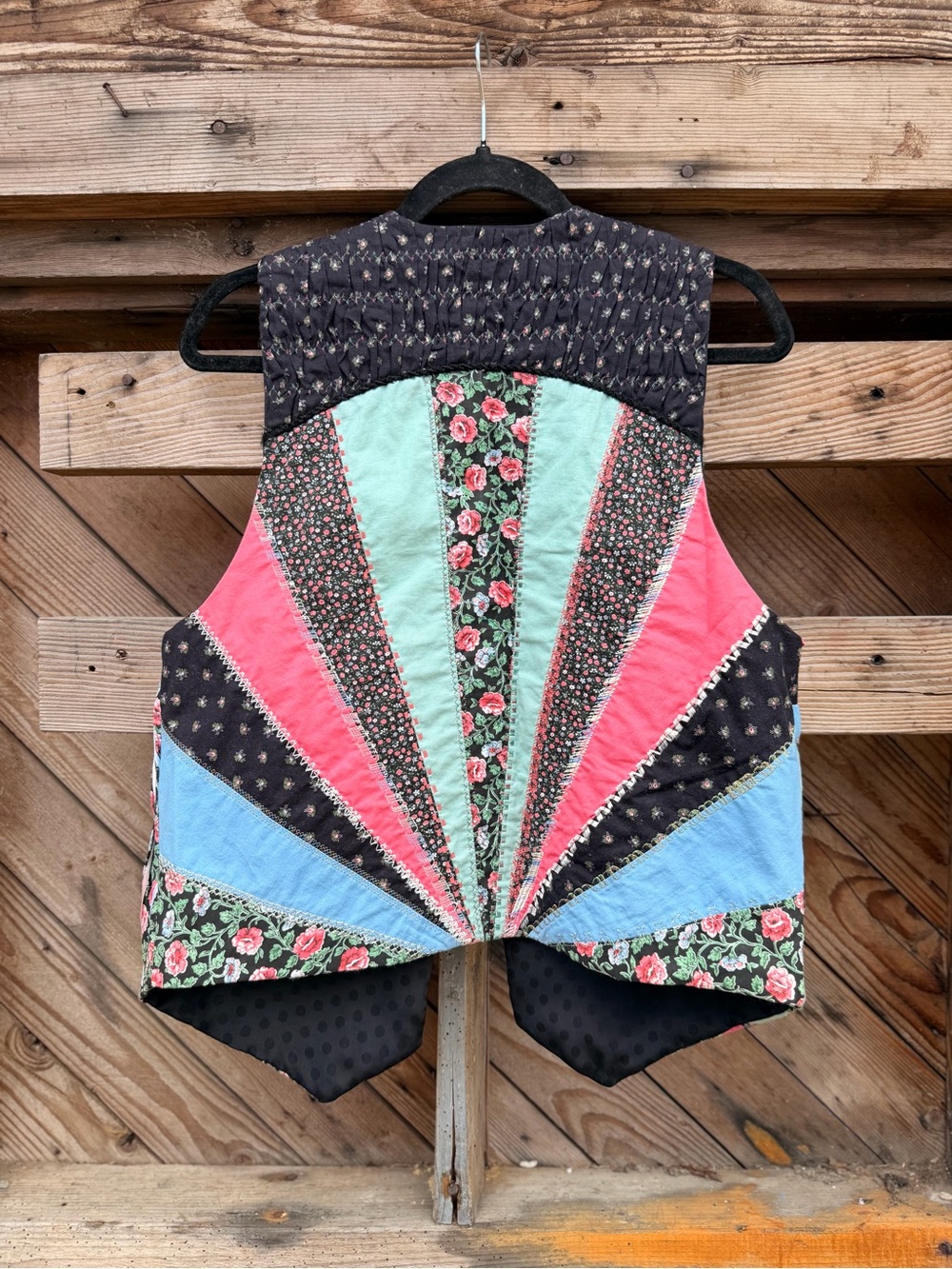 Patchwork Sunburst Quilted Vest in Black, Pink, Mint & Blue